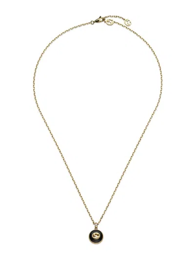 Gucci Interlocking G 18k Yellow Gold, Black Onyx & 0.021 Tcw Diamond Chain Necklace