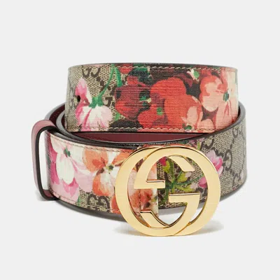 Pre-owned Gucci Interlocking G 80 Cm Buckle Belt Multicolor Blooms Gg Supreme Canvas