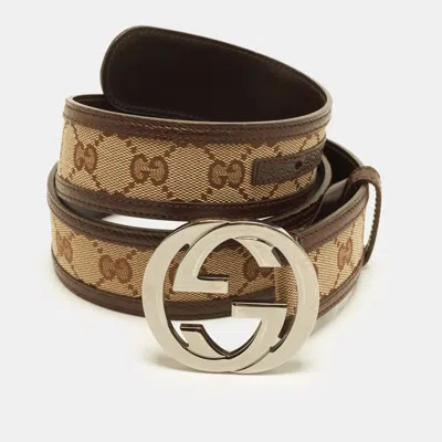 Pre-owned Gucci Interlocking G 85 Cm Buckle Belt Beige/brown Gg Canvas And Leather
