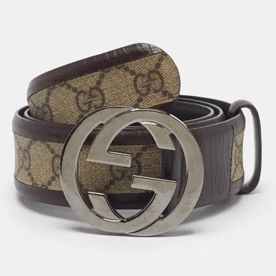 Pre-owned Gucci Interlocking G 85 Cm Buckle Belt Beige/brown Gg Supreme Canvas And Leather