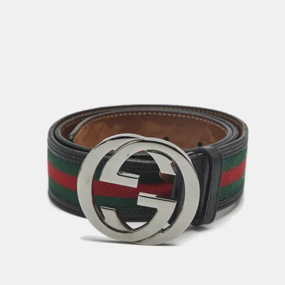 Pre-owned Gucci Interlocking G 85 Cm Buckle Belt Black Leather And Web Canvas