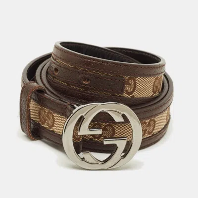 Pre-owned Gucci Interlocking G 90 Cm Buckle Belt Beige/brown Gg Canvas And Leather In Sand