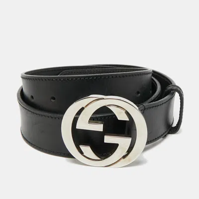 Pre-owned Gucci Interlocking G 90 Cm Buckle Belt Black Leather