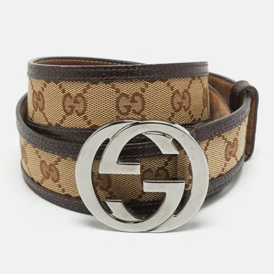 Pre-owned Gucci Interlocking G 95 Cm Buckle Belt Beige/brown Gg Canvas And Leather In Sand