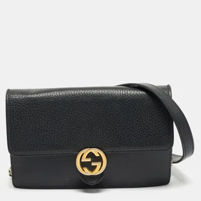 Pre-owned Gucci Interlocking G Black Leather Wallet On Chain