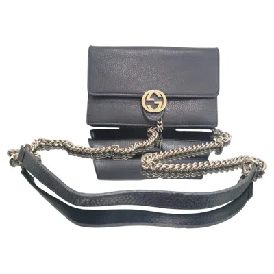 Pre-owned Gucci Interlocking G Black Leather Wallet On Chain