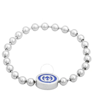 Gucci Interlocking G Boule Chain Sterling Silver Blue Enamel Bracelet In Silver-tone