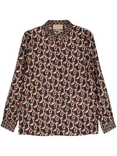 GUCCI INTERLOCKING G CHAIN-PRINT SILK SHIRT