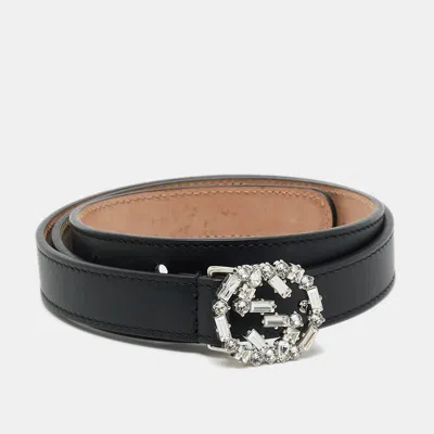 Pre-owned Gucci Interlocking G Crystal 75 Cm Slim Buckle Belt Black Leather