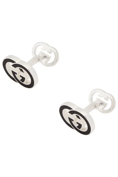 Gucci Interlocking G Cufflinks In Sterling Silver & Black Enamel