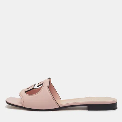 Pre-owned Gucci Interlocking G Cut Out Size 37 Pink Leather Flat Slides