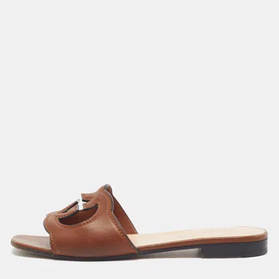 Pre-owned Gucci Interlocking G Cutout Size 36.5 Brown Leather Flat Slide Sandals