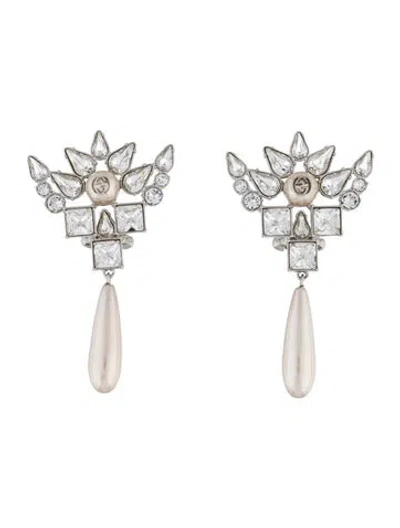 Pre-owned Gucci Interlocking G Faux Pearl & Crystal Drop Earrings In White