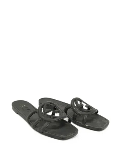 Pre-owned Gucci Interlocking G Flat Slides In Black