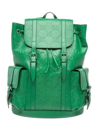 Pre-owned Gucci Interlocking G Gg Embossed Leather Large Backpack Large In Green