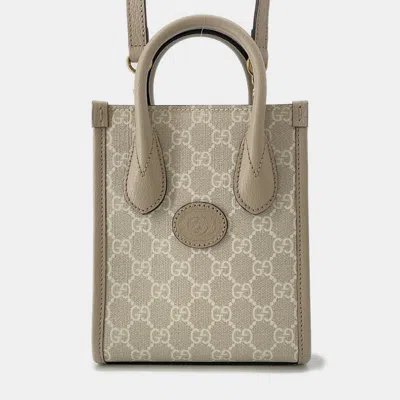 Pre-owned Gucci Interlocking G Gg Supreme 2-way Mini Tote Beige Leather Pvc In Sand