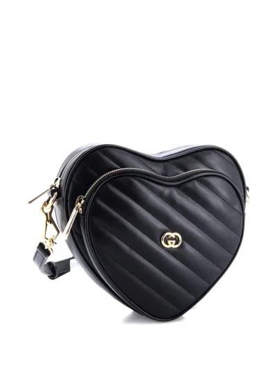 Pre-owned Gucci Interlocking G Heart Diagonal Quilted Leather Mini Shoulder Bag In Black