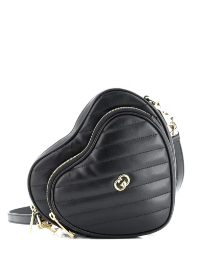 Pre-owned Gucci Interlocking G Heart Diagonal Quilted Leather Mini Shoulder Bag In Black