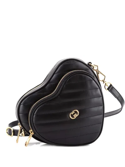 Pre-owned Gucci Interlocking G Heart Diagonal Quilted Leather Mini Shoulder Bag In Black