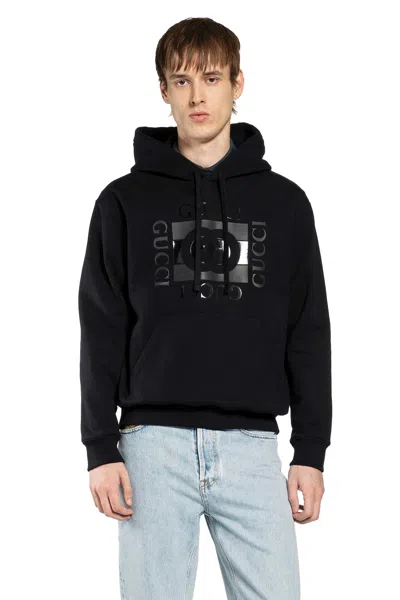 Gucci Men Black Sweatshirt With Hood With Drawstring And Front Logo In Cotton Man In Multi
