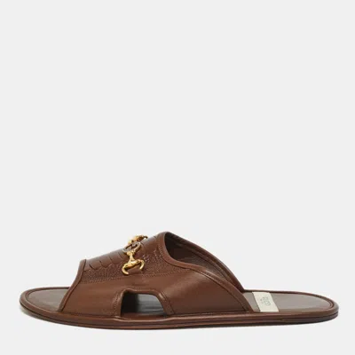 Pre-owned Gucci Interlocking G Horsebit Size 42.5 Brown Ostrich Leather And Leather Slide Sandals