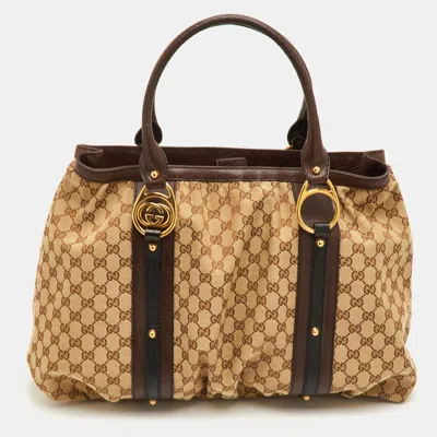 Pre-owned Gucci Interlocking G Large Beige/brown Gg Canvas And Leather Tote In Sand