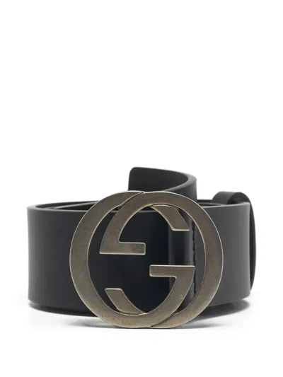 Pre-owned Gucci Interlocking-g Leather Belt In Black