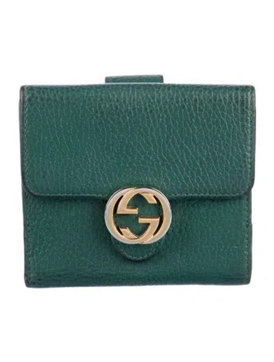 Pre-owned Gucci Interlocking G Leather Bifold Interlocking G Logo French Purse In Green
