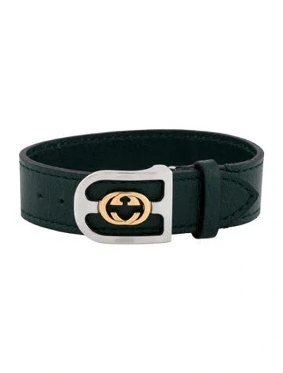 Pre-owned Gucci Interlocking G Leather Station Bracelet, 7" In Green
