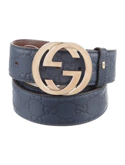 Pre-owned Gucci Interlocking G Logo Leather Belt Kit In Blue