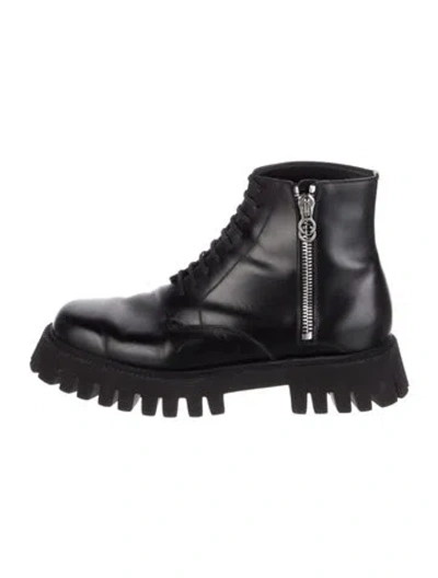 Pre-owned Gucci Interlocking G Logo Leather Combat Boots In Black