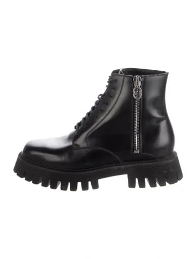 Pre-owned Gucci Interlocking G Logo Leather Combat Boots In Black