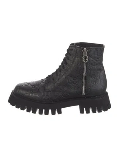 Pre-owned Gucci Interlocking G Logo Leather Combat Boots In Black