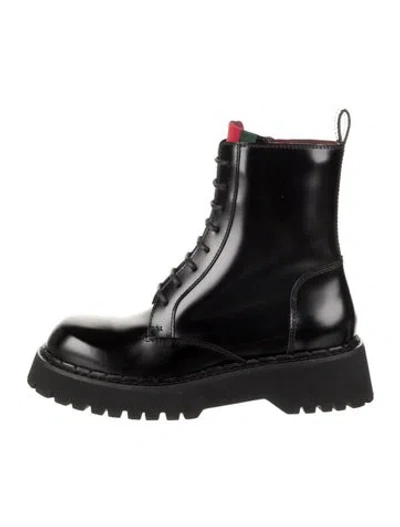 Pre-owned Gucci Interlocking G Logo Leather Combat Boots W/ Tags In Black