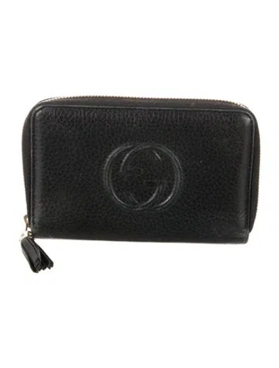 Pre-owned Gucci Interlocking G Logo Leather Compact Wallet In Black