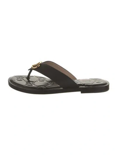 Pre-owned Gucci Interlocking G Logo Leather Flip Flops In Black