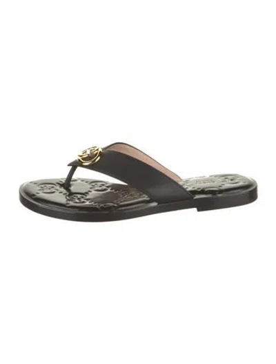 Pre-owned Gucci Interlocking G Logo Leather Flip Flops In Black