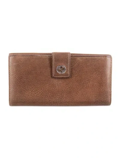 Pre-owned Gucci Interlocking G Logo Leather French Purse In Brown