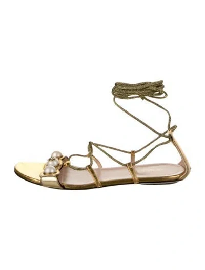 Pre-owned Gucci Interlocking G Logo Leather Gladiator Sandals In Gold