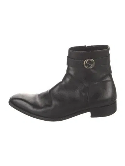 Pre-owned Gucci Interlocking G Logo Leather Moto Boots In Black