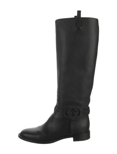 Pre-owned Gucci Interlocking G Logo Leather Riding Boots In Black