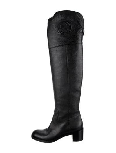 Pre-owned Gucci Interlocking G Logo Leather Riding Boots In Black