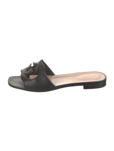 Pre-owned Gucci Interlocking G Logo Leather Slides In Black