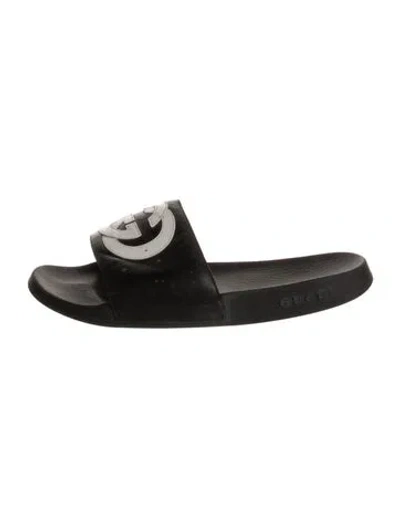 Pre-owned Gucci Interlocking G Logo Leather Slides In Black
