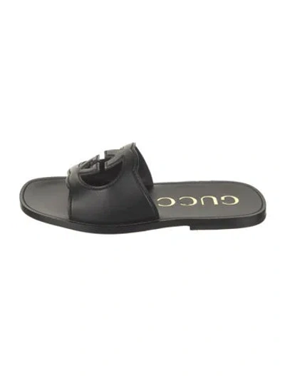 Pre-owned Gucci Interlocking G Logo Leather Slides In Black