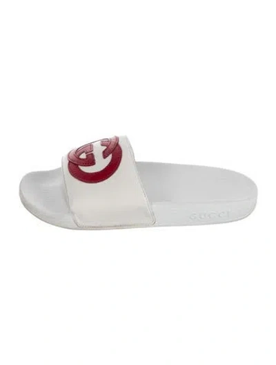 Pre-owned Gucci Interlocking G Logo Leather Slides In White