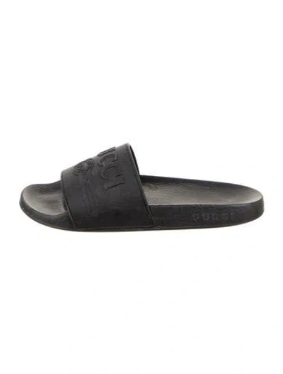Pre-owned Gucci Interlocking G Logo Rubber Slides In Black