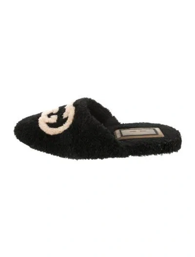 Pre-owned Gucci Interlocking G Logo Shearling Slippers In Black