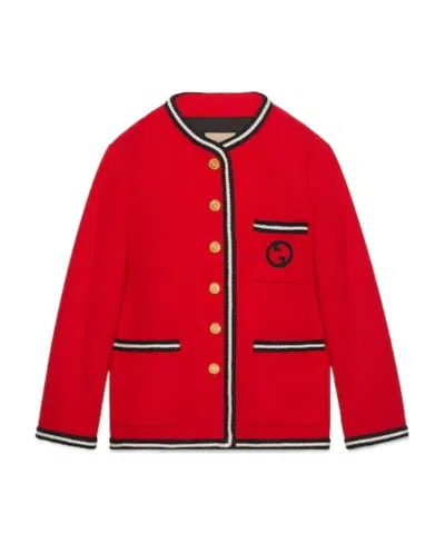 GUCCI GUCCI LOGO EMBROIDERED TWEED BUTTON-UP JACKET