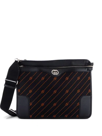 Pre-owned Gucci Interlocking G Messenger Bag Gg Jacquard With Leather Crossbody Bag In Black